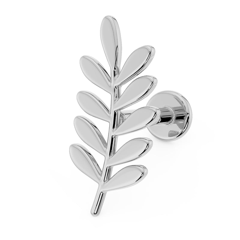 14K white gold olive branch leaf flat back labret earring, angled front view with flat disc backing visible