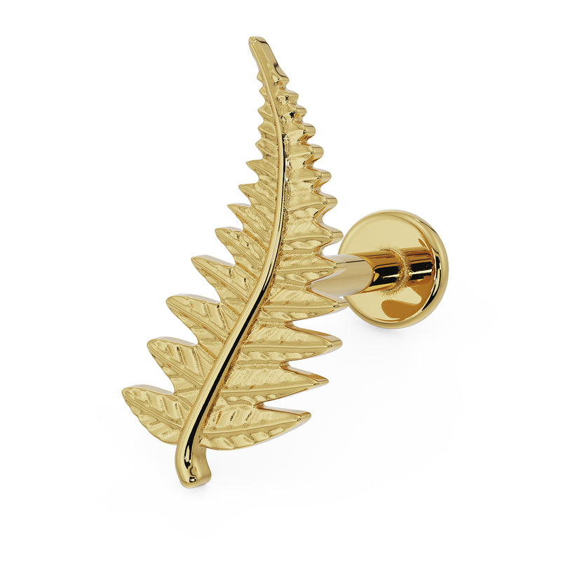 14K yellow gold fern leaf flat back earring, side profile view showing barbell post length and flat disc backing