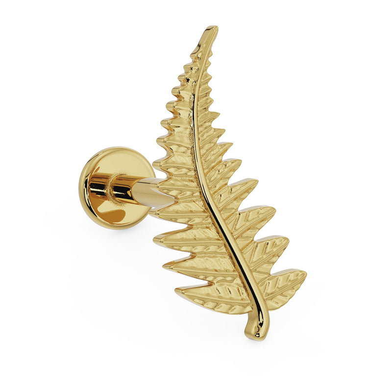 14K yellow gold fern leaf flat back earring, side-angled view showing flat disc backing and post length