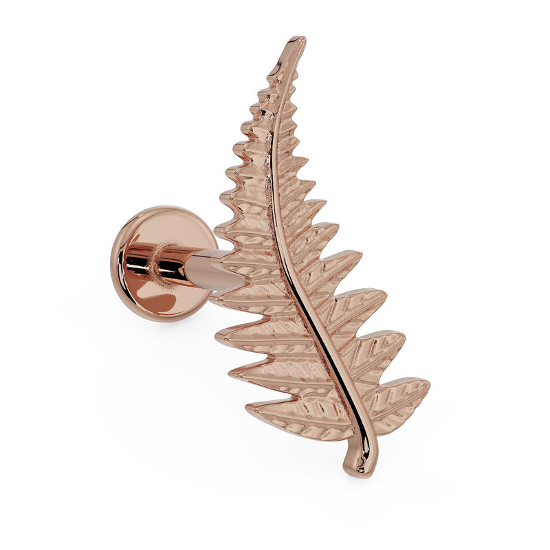 14K rose gold fern leaf flat back earring, side-angled view revealing post length and round flat backing