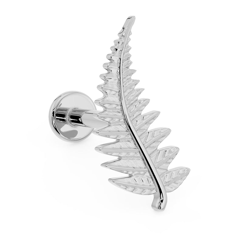 14K white gold fern leaf flat back earring, side-angled view showing barbell post and flat disc backing
