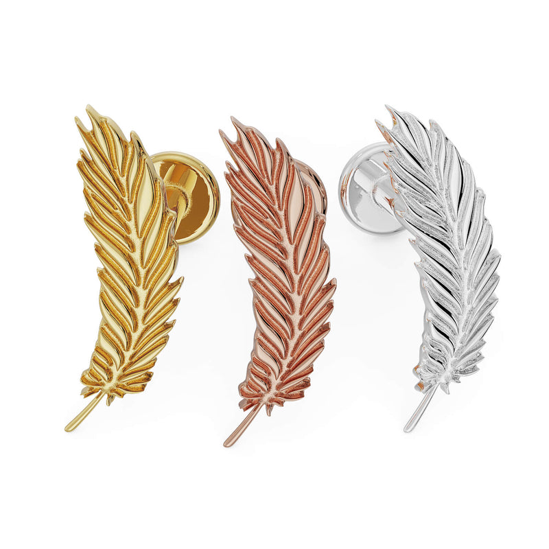 14K yellow gold, rose gold, and white gold feather flat back earrings side by side for color comparison