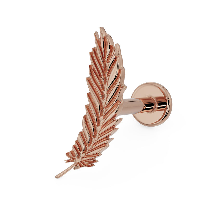 14K rose gold feather flat back earring, reverse angle showing flat disc backing and threaded post