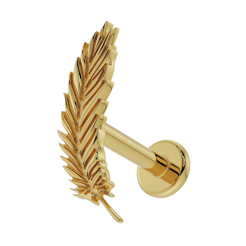 14K yellow gold feather flat back labret showing reverse angle with flat disc back visible