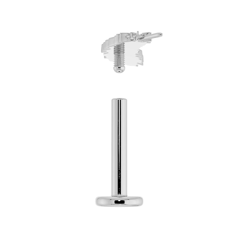 Disassembled 14K white gold feather flat back earring showing threaded top and labret post separately