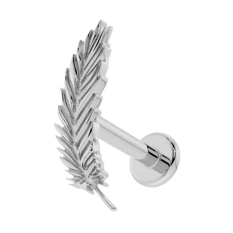 14K white gold feather flat back labret showing reverse angle with flat disc back visible