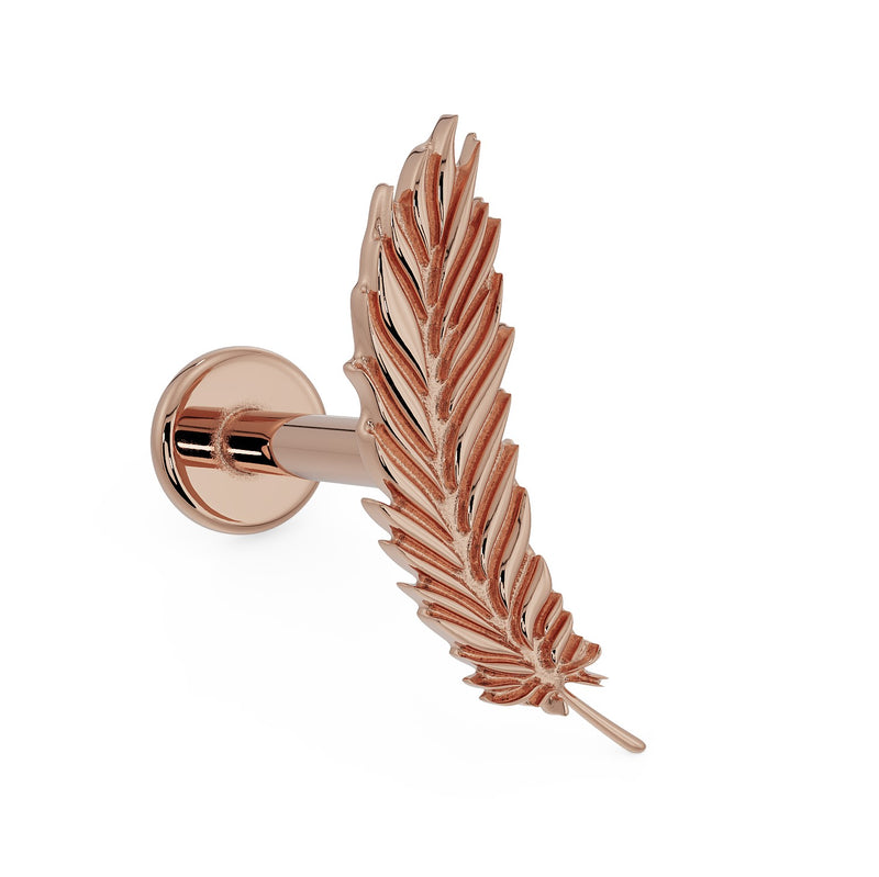 14K rose gold feather flat back labret earring, angled view highlighting warm gold tone