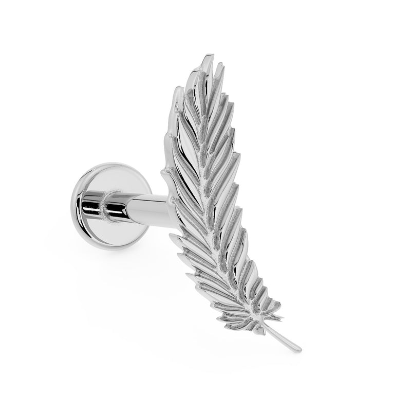 14K white gold feather flat back labret earring, angled view showing detailed barb engraving