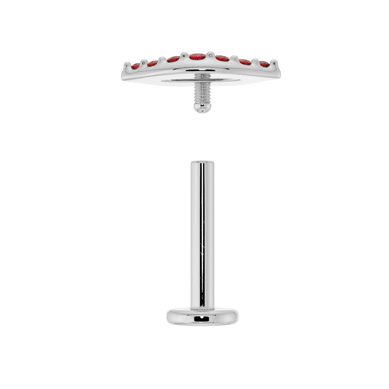 Exploded view of white gold lips flat back earring showing threaded top and barbell post separated