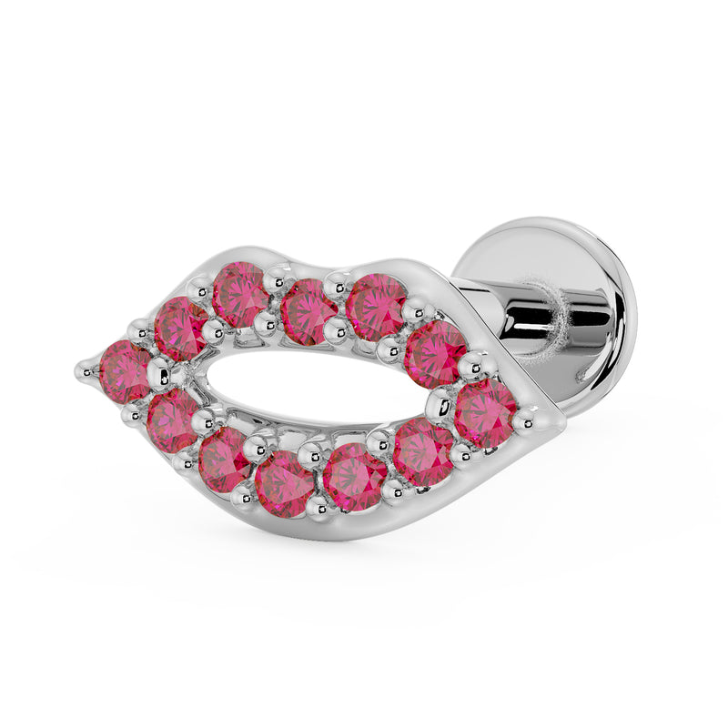 14K white gold lips flat back earring with red garnet stones, angled side view