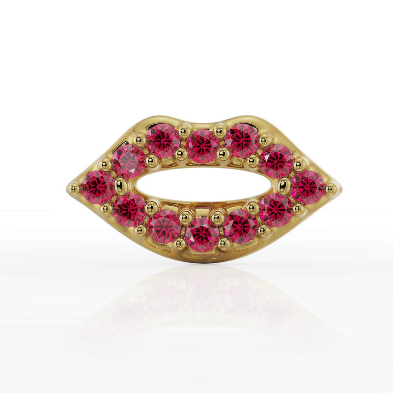14K yellow gold lips flat back earring with 12 round garnet stones, straight-on front view
