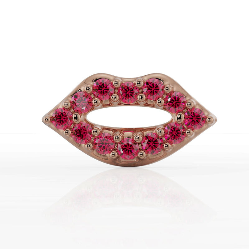 14K rose gold lips flat back earring with round garnet stones, straight-on front view