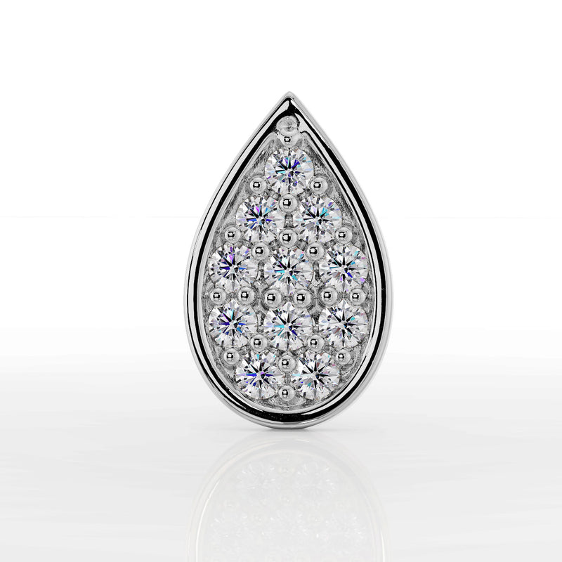 Close-up front view of 14k white gold teardrop labret showing 11 round-cut diamonds in pavé setting