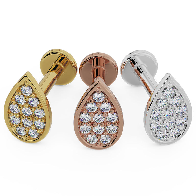 Teardrop diamond pavé flat back earring in all three gold tones: yellow, rose, and white 14k gold
