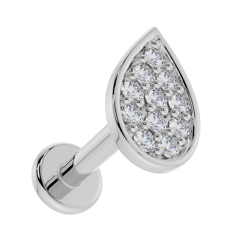14k white gold diamond teardrop labret, reverse angle view highlighting flat back disc and barbell post