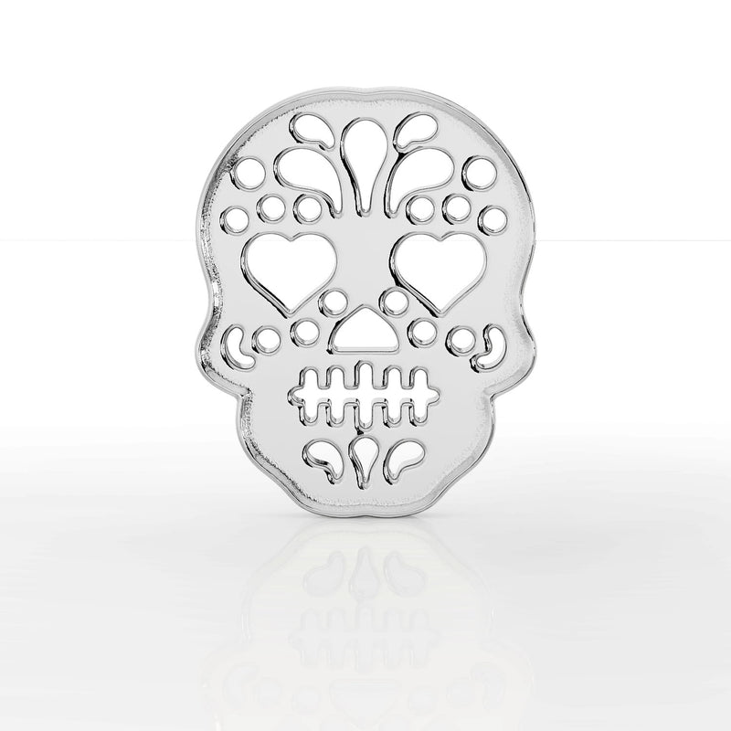 14K white gold sugar skull flat back earring, front view showing open filigree design and heart-shaped eyes