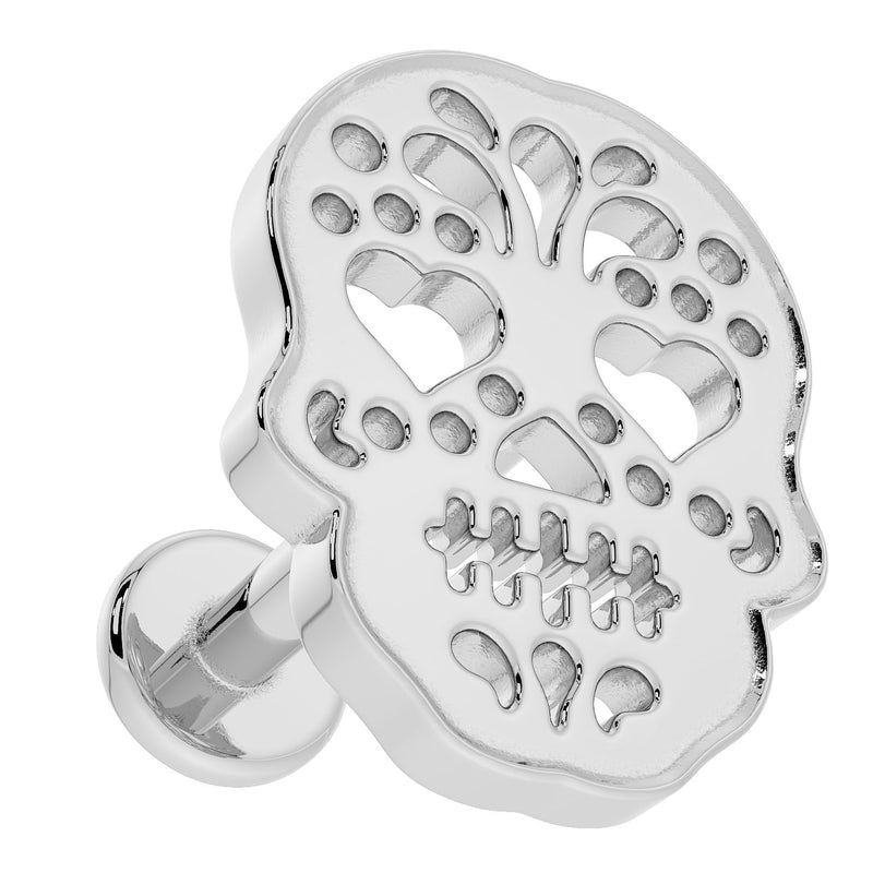 Reverse side of 14K white gold sugar skull labret showing threaded post and ball end attachment