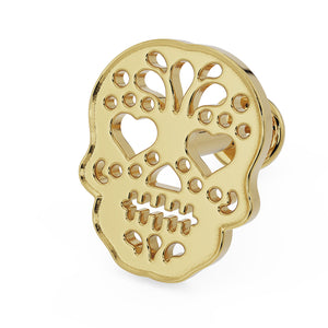14K yellow gold Dia de los Muertos sugar skull flat back labret, angled view showing filigree detail