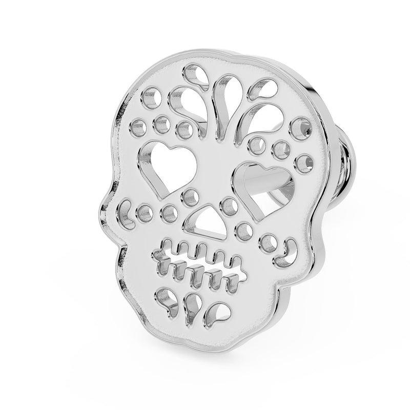 14K white gold sugar skull flat back labret, angled side view highlighting open filigree and heart eyes