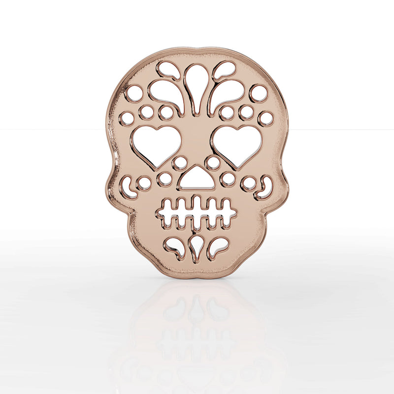 14K rose gold Dia de los Muertos sugar skull labret, straight front view showing full filigree detail
