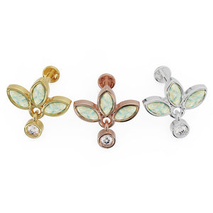 Opal wildflower dangle flat back earring in all three metal options: 14K yellow gold, rose gold, and white gold