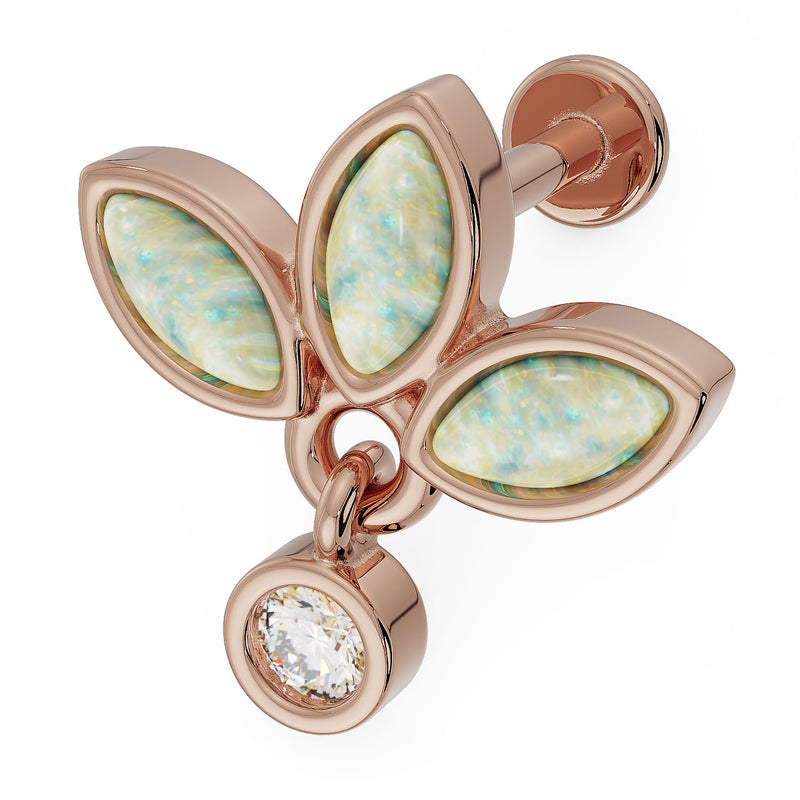 14K rose gold opal wildflower dangle flat back earring, angled view showing iridescent opal petals and CZ drop