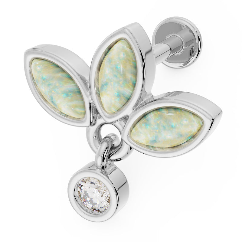 14K white gold opal wildflower dangle flat back earring, angled view showing marquise opal petals and CZ charm