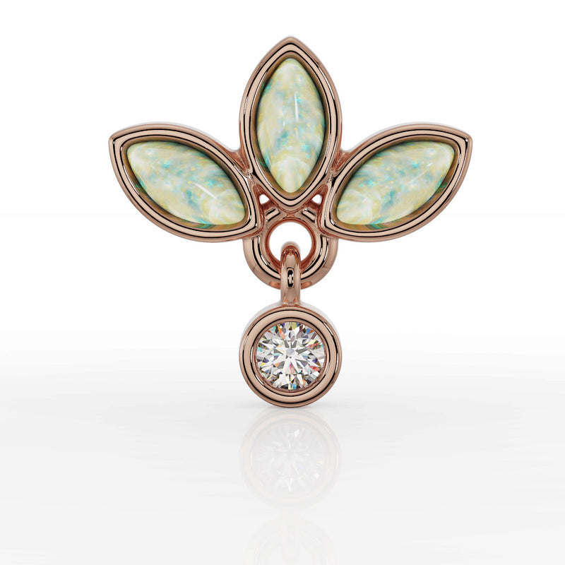 14K rose gold opal wildflower labret earring, straight-on front view showing petal arrangement and CZ drop charm