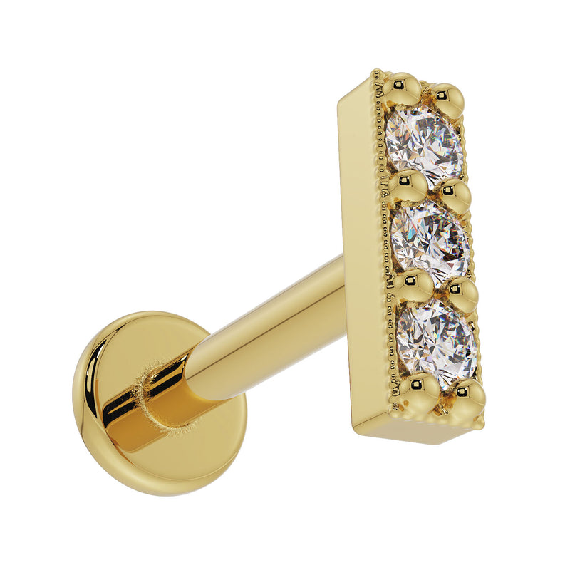 14k yellow gold milgrain diamond bar flat back earring, angled view highlighting milgrain edge texture