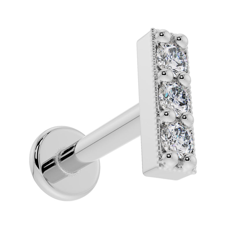 14k white gold milgrain trinity diamond bar flat back earring, angled view showing milgrain side detail