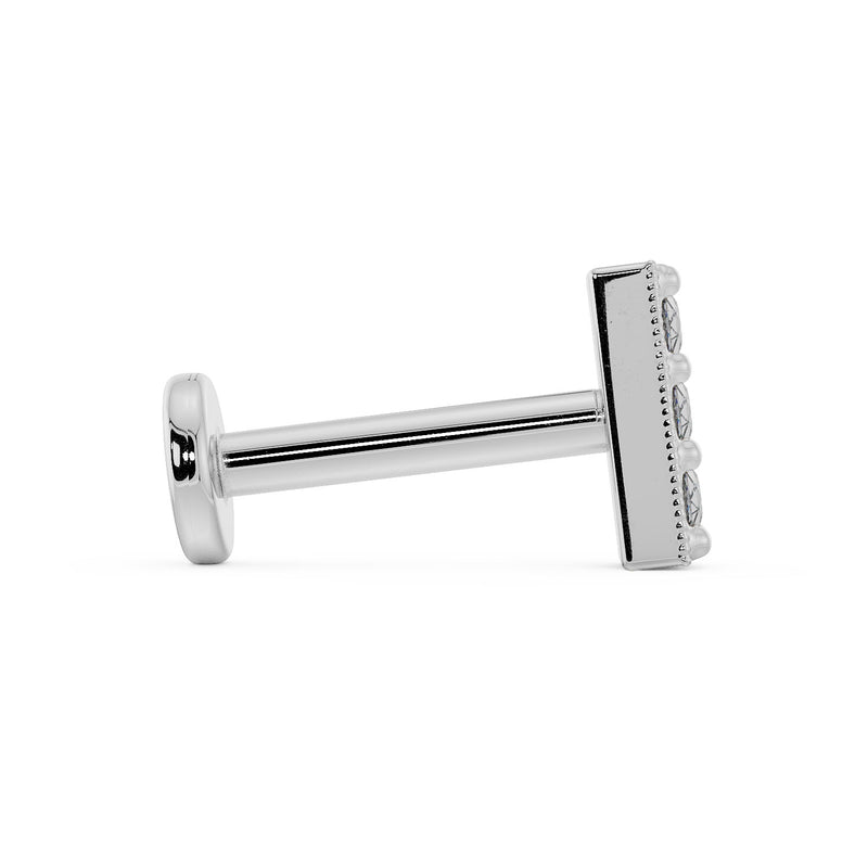 Side profile of white gold milgrain diamond bar flat back earring showing bar depth and post length