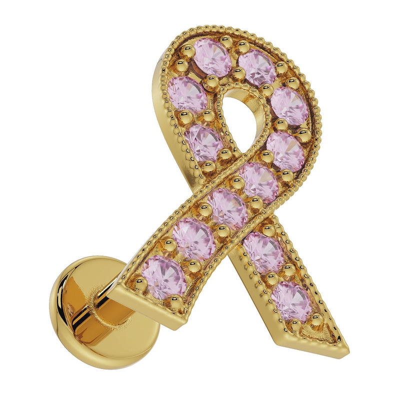 Angled view of 14k yellow gold survivor ribbon flat back earring showing depth and flat disc backing