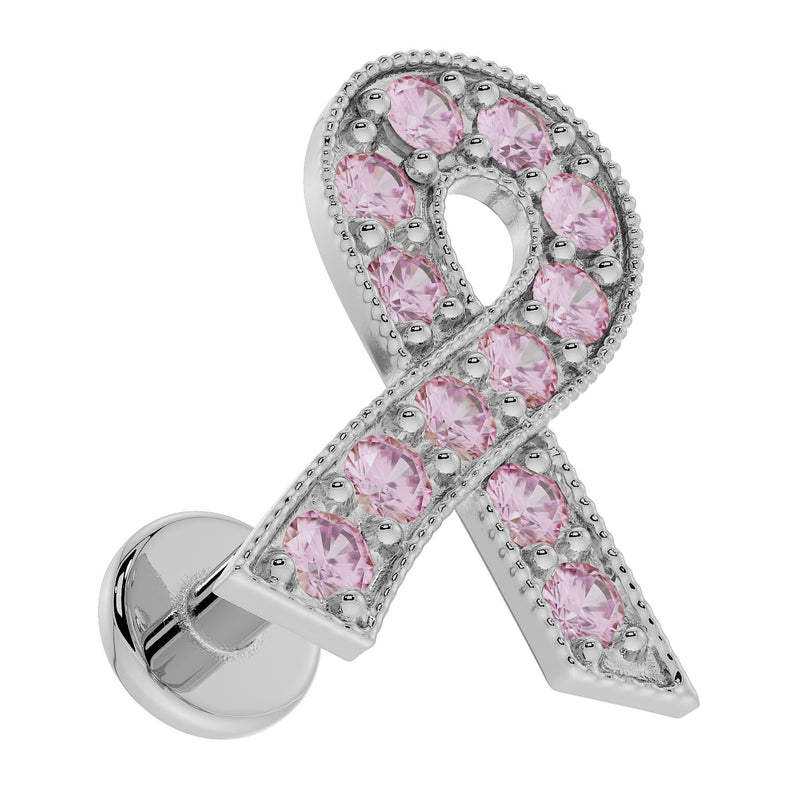 Angled view of 14k white gold survivor ribbon flat back earring showing post length and flat disc backing
