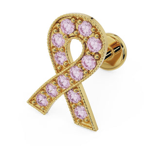 14k yellow gold survivor ribbon flat back earring with 12 pink sapphires and milgrain detail, front view