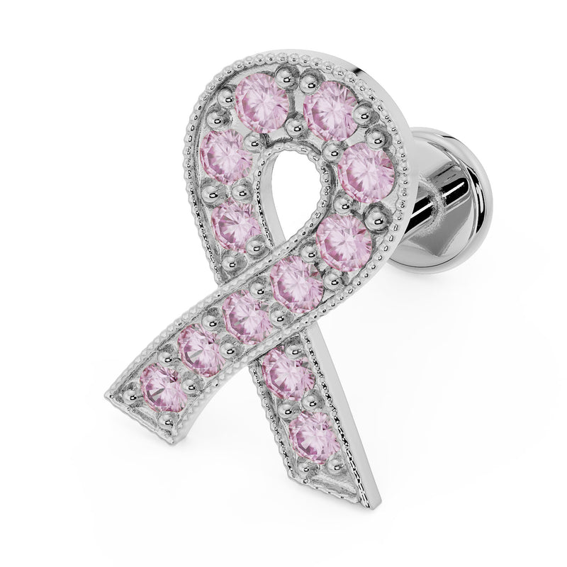14k white gold survivor ribbon flat back earring set with pink sapphires and milgrain border, front view