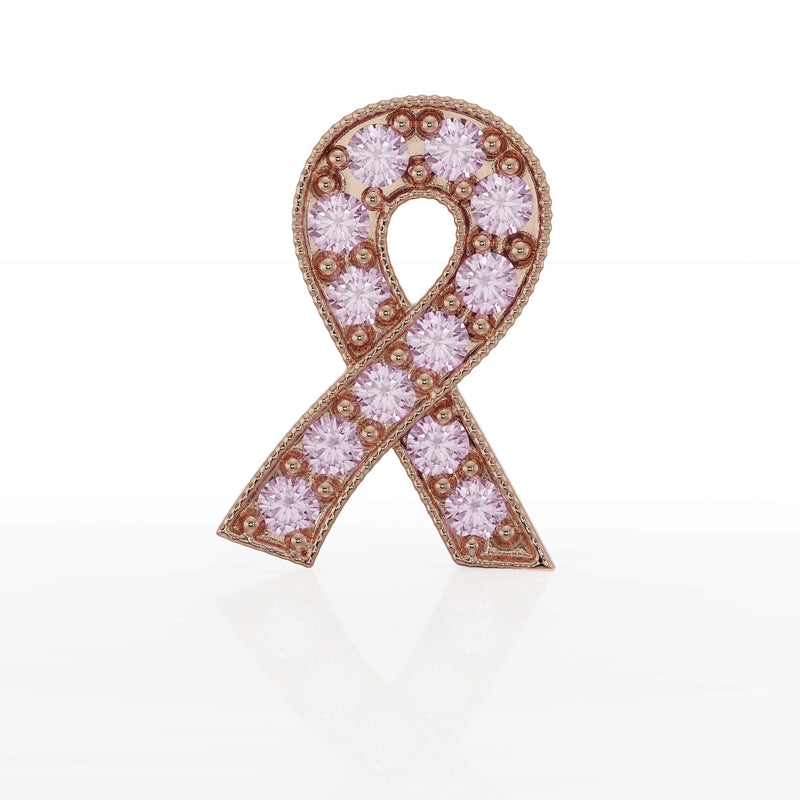 14k rose gold pink sapphire survivor ribbon earring standing upright, showcasing the full awareness ribbon silhouette
