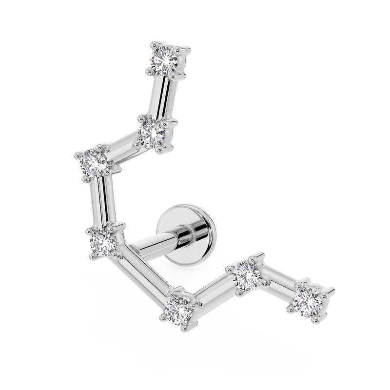 14k white gold Aquarius constellation flat back earring with CZ stars, angled front view