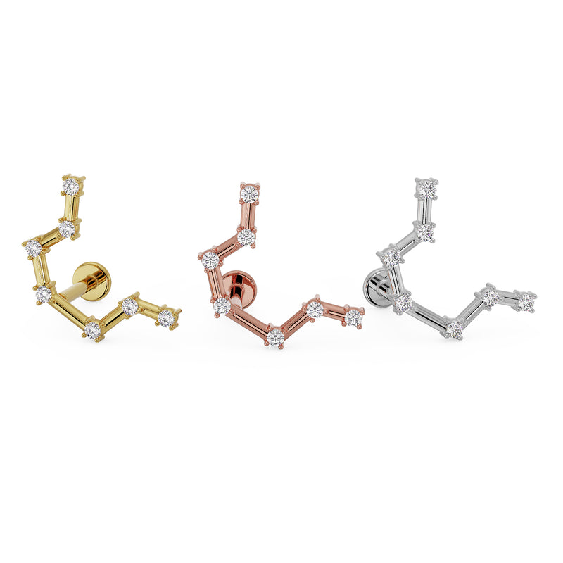 Aquarius constellation 14k flat back labret side-by-side comparison in yellow gold, rose gold, and white gold