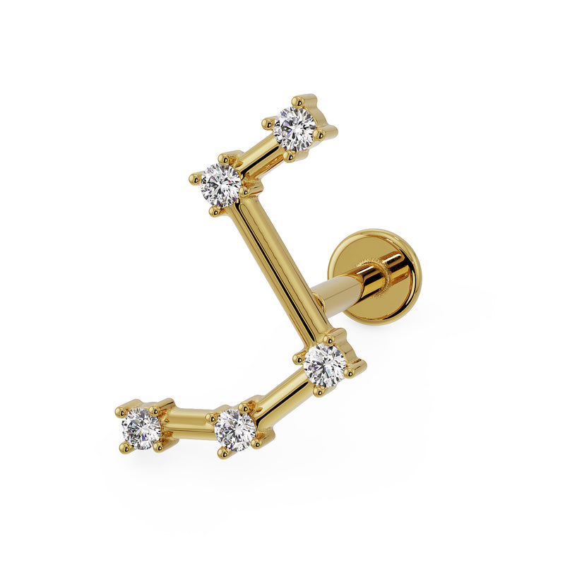 14k yellow gold Aries constellation flat back labret with CZ stars, angled front view