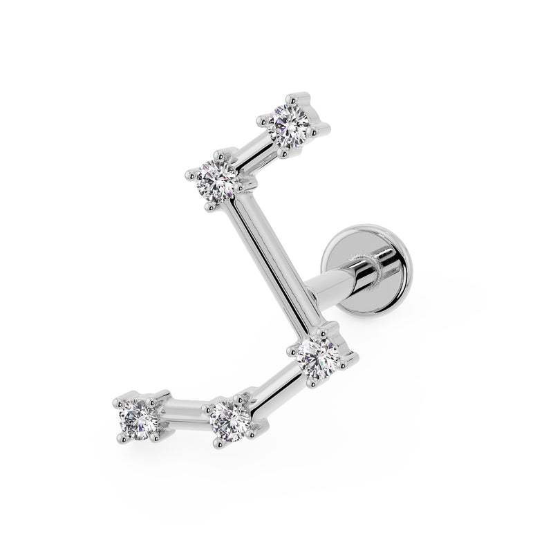 14k white gold Aries constellation flat back earring with CZ star settings, angled front view