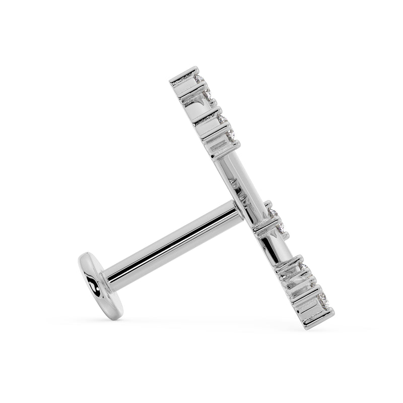 Side profile of 14k white gold Aries constellation flat back labret showing post length and flat backing
