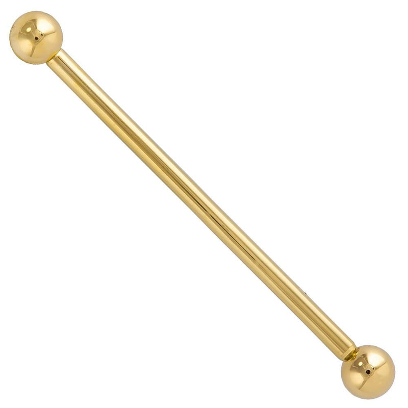 14k yellow gold classic industrial barbell with polished ball ends, front view on white background