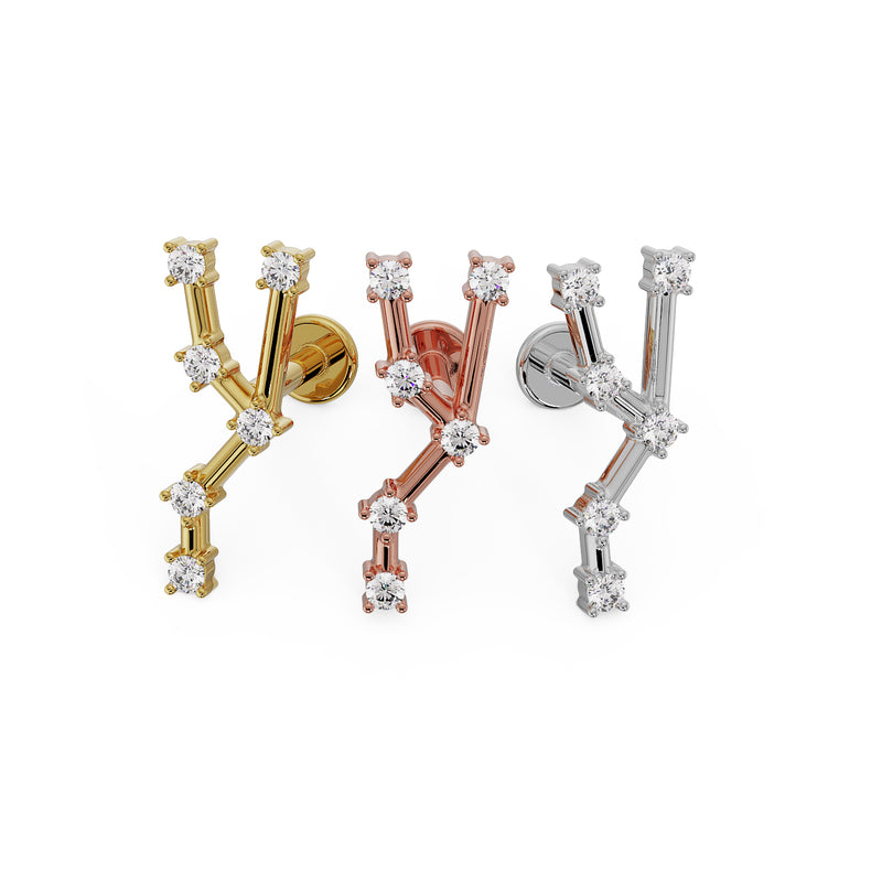 Taurus constellation flat back labret in 14k yellow, rose, and white gold side-by-side comparison