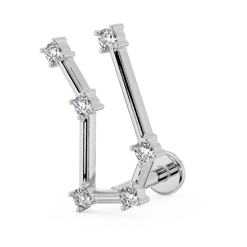 14k white gold Gemini constellation flat back labret with CZ star accents, angled three-quarter view