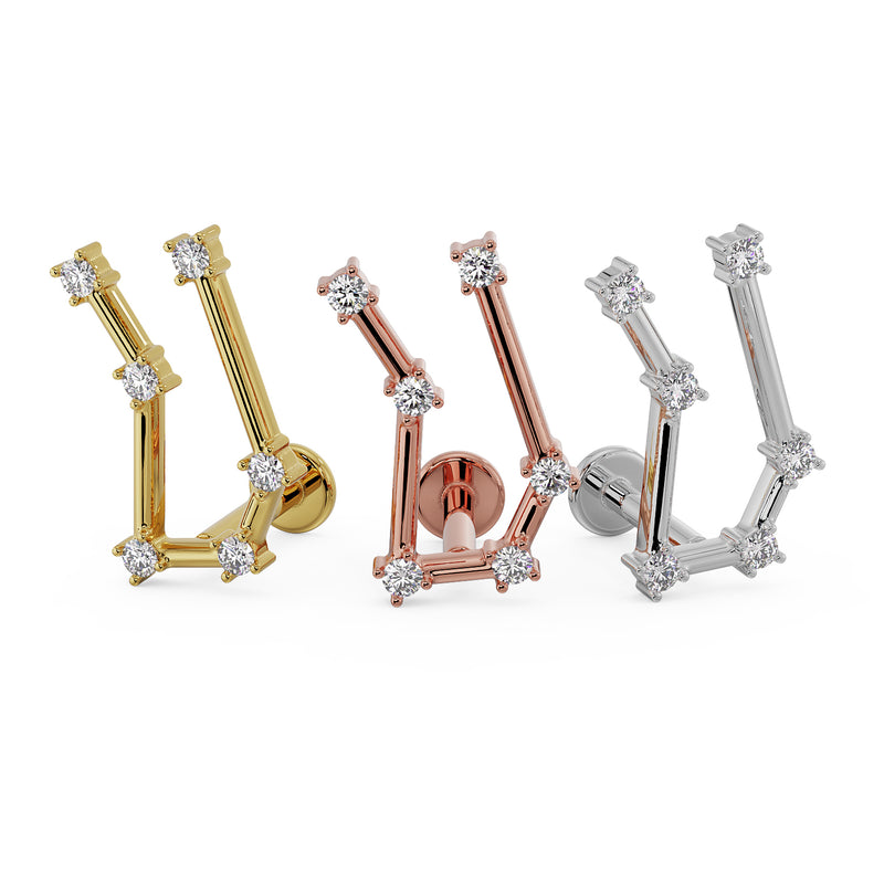 Gemini constellation flat back earring in yellow, rose, and white 14k gold color options side by side