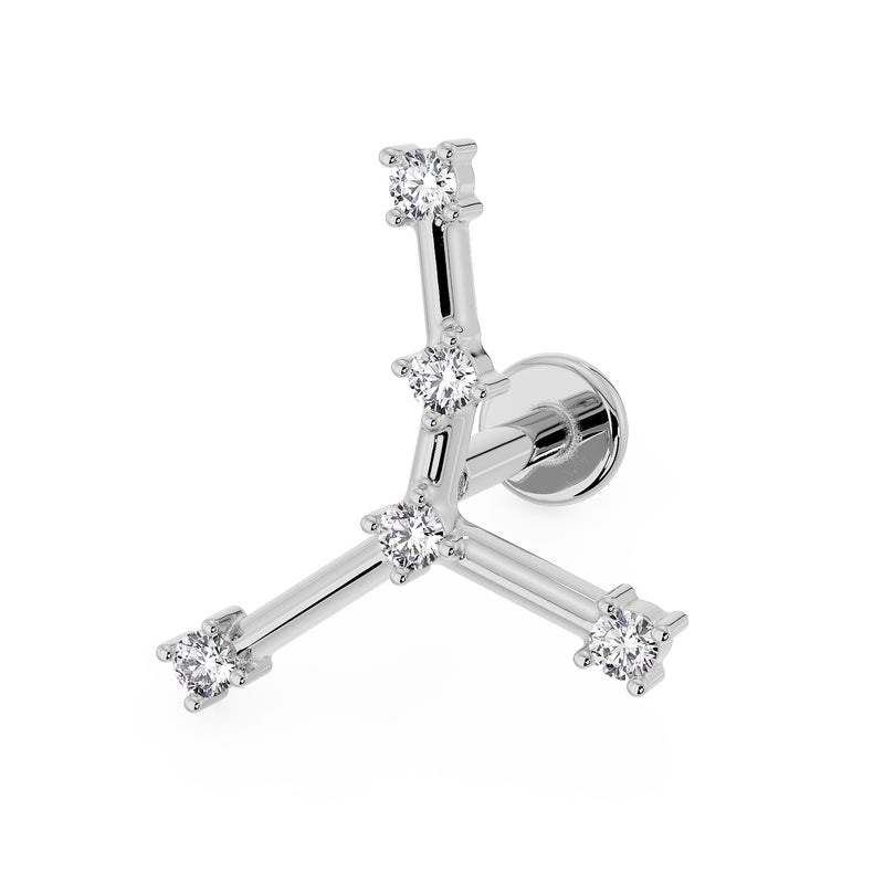 14k white gold Cancer constellation flat back labret with CZ stones, angled view showing flat disc backing