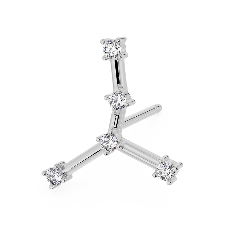 14k white gold Cancer constellation stud earring with CZ stones, side profile view