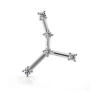 14k white gold Cancer constellation stud earring with CZ stars, angled front view