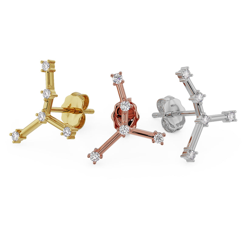 Cancer constellation stud in 14k yellow, rose, and white gold with push-back posts, all three colors compared