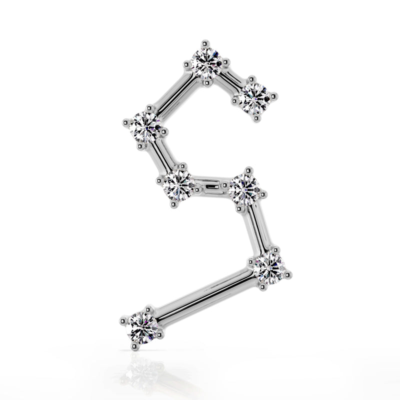 14k white gold Leo constellation stud earring with CZ stars, angled front view